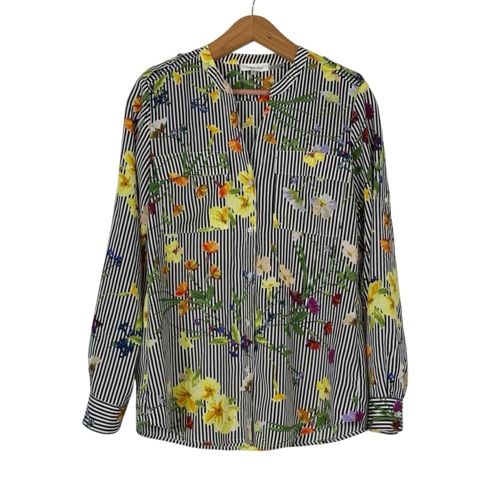 Calvin Klein women’s blouse Floral Striped Women's Top 2-way sleeves size small